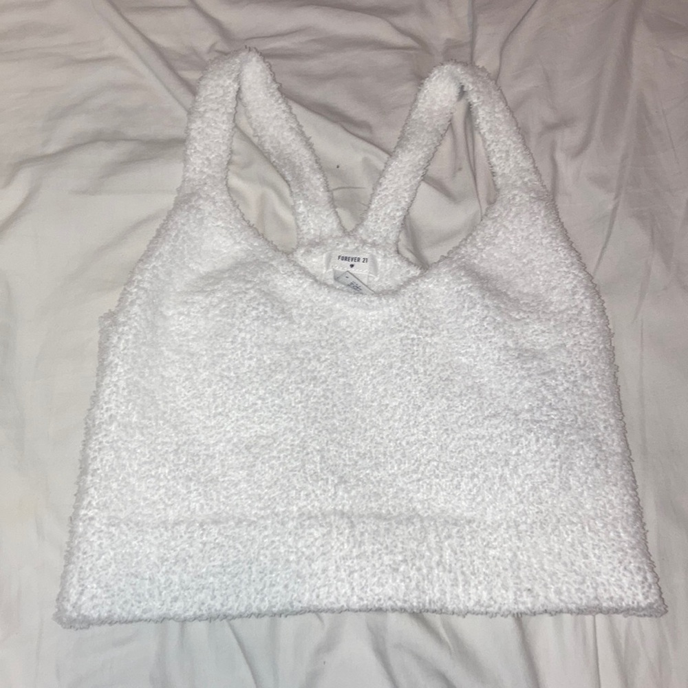 Forever 21 White Fuzzy Cropped Tank Size M